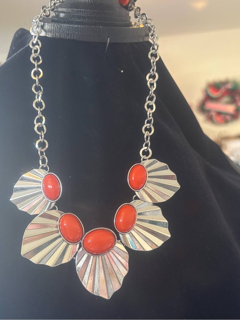 Bold Orange Statement Necklace - Silver-Tone with orange resin Accents